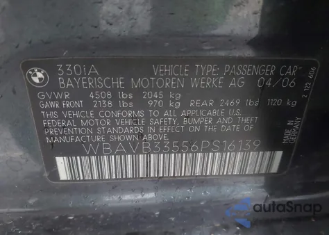 2006 BMW 330I from USA, damaged, VIN WBAVB33556PS16139